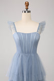 Dusty Blue A Line Tiered Tulle Corset Maxi Dress with Slit