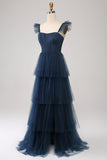 Dusty Blue A Line Tiered Tulle Corset Maxi Dress with Slit