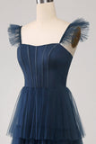 Dusty Blue A Line Tiered Tulle Corset Maxi Dress with Slit