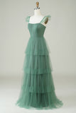 Dusty Blue A Line Tiered Tulle Corset Maxi Dress with Slit