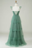 Dusty Blue A Line Tiered Tulle Corset Maxi Dress with Slit