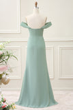 Dusty Sage Off the Shoulder Sheath Chiffon Pleated Maxi Dress with Slit