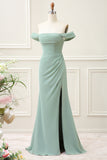 Dusty Sage Off the Shoulder Sheath Chiffon Pleated Maxi Dress with Slit