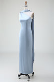 Blue Sheath One Shoulder Satin Bridesmaid Dress