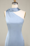 Blue Sheath One Shoulder Satin Bridesmaid Dress