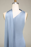 Blue Sheath One Shoulder Satin Bridesmaid Dress