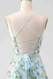 Blue Flower A Line Spaghetti Straps Corset Embroidered Prom Dress with Slit