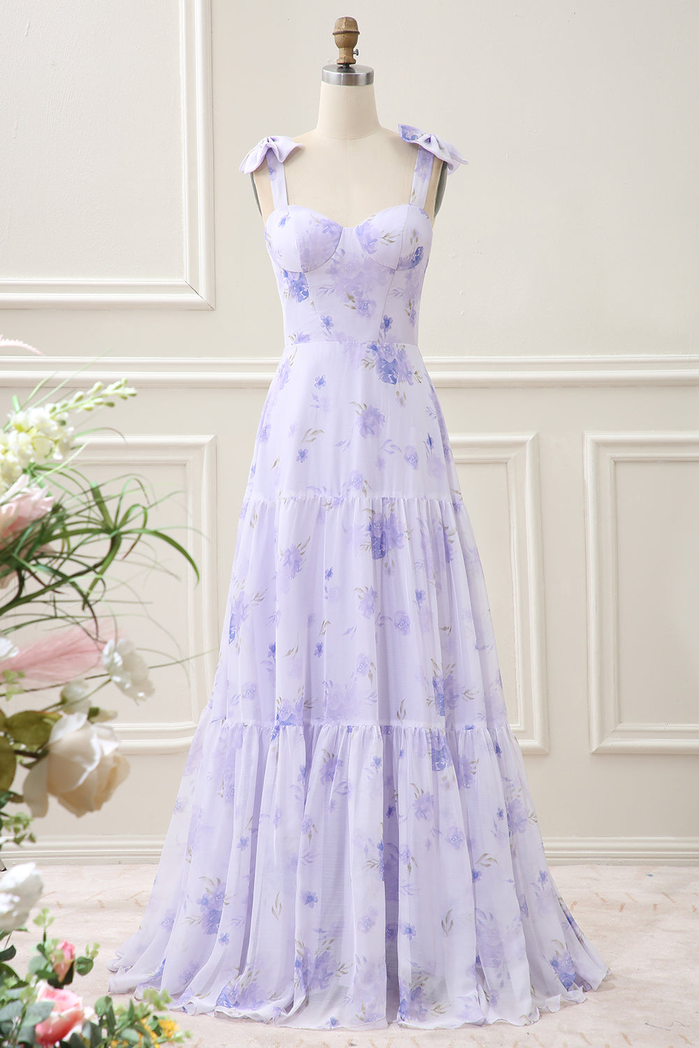 Berylove Women Lilac Maxi Dress with Lace Up Back Corset Floral A Line  Wedding Party Dress