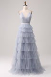 Grey Blue A Line Tiered Tulle Backless Maxi Dress