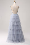 Grey Blue A Line Tiered Tulle Backless Maxi Dress