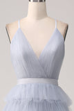 Grey Blue A Line Tiered Tulle Backless Maxi Dress