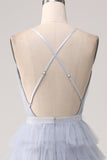 Grey Blue A Line Tiered Tulle Backless Maxi Dress