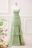 Matcha A-Line Strapless Floor Length Dress with Ruffles