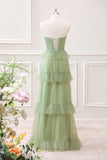 Matcha A-Line Strapless Maxi Dress with Ruffles