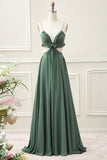 A Line Spaghetti Straps Ruffles Green Hollow-out Floor Length Dress