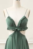 A Line Spaghetti Straps Ruffles Green Hollow-out Floor Length Dress