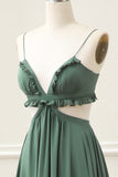 A Line Spaghetti Straps Ruffles Green Hollow-out Floor Length Dress