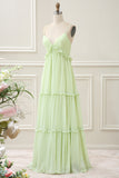 Green A Line Spaghetti Straps Ruffles Floor Length Dress with Lace up Back