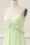 Green A Line Spaghetti Straps Ruffles Floor Length Dress with Lace up Back