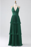 A Line Dark Green Tiered Chiffon Floor Length Dress with Pleated