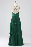 A Line Dark Green Tiered Chiffon Floor Length Dress with Pleated