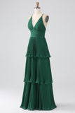 A Line Dark Green Tiered Chiffon Floor Length Dress with Pleated