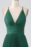 A Line Dark Green Tiered Chiffon Floor Length Dress with Pleated