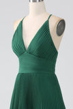 A Line Dark Green Tiered Chiffon Floor Length Dress with Pleated