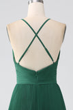 A Line Dark Green Tiered Chiffon Floor Length Dress with Pleated