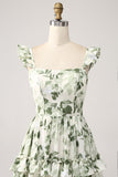 Green A Line Floral Ruffles Tiered Maxi Dress with Slit