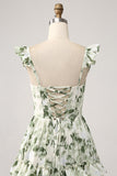 Green A Line Floral Ruffles Tiered Maxi Dress with Slit