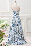A Line Pleated Blue Printed Corset Maxi Dress with Slit