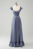 Grey Blue A Line Backless Corset Chiffon Floor Length Dress