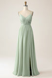 A-Line Dusty Sage Chiffon Spaghetti Straps Maxi Dress with Slit