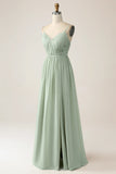 A-Line Dusty Sage Chiffon Spaghetti Straps Maxi Dress with Slit