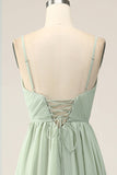 A-Line Dusty Sage Chiffon Spaghetti Straps Maxi Dress with Slit