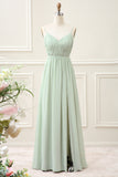 A Line Dusty Sage Chiffon Spaghetti Straps Floor Length Dress with Slit