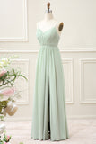 A Line Dusty Sage Chiffon Spaghetti Straps Floor Length Dress with Slit