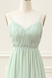 A Line Dusty Sage Chiffon Spaghetti Straps Floor Length Dress with Slit