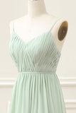 A Line Dusty Sage Chiffon Spaghetti Straps Floor Length Dress with Slit