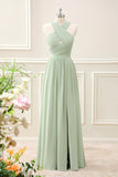 A Line Halter Chiffon Sage Green Pleated Floor Length Dress with Slit