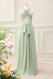 A Line Halter Chiffon Sage Green Pleated Floor Length Dress with Slit