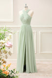 A Line Halter Chiffon Sage Green Pleated Floor Length Dress with Slit