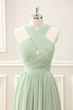 A Line Halter Chiffon Sage Green Pleated Floor Length Dress with Slit