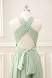 A Line Halter Chiffon Sage Green Pleated Floor Length Dress with Slit