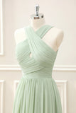 A Line Halter Chiffon Sage Green Pleated Floor Length Dress with Slit