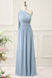 Convertible Chiffon Dusty Blue One Shoulder Floor Length Dress