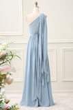 Convertible Chiffon Dusty Blue One Shoulder Floor Length Dress