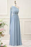 Convertible Chiffon Dusty Blue One Shoulder Floor Length Dress