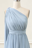 Convertible Chiffon Dusty Blue One Shoulder Floor Length Dress